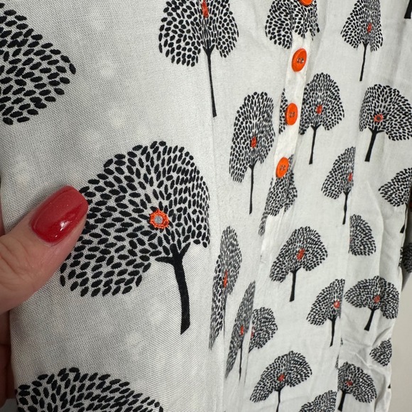 Brandless Women's Boho Tree Print Tunic Dress Orange Trim V Neck Button Front - Picture 3 of 6